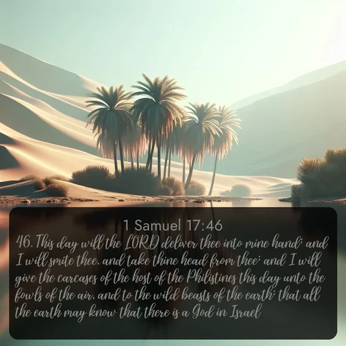 citation biblique : 46. This day will the LORD deliver thee into mine hand; and I will smite thee, and take thine head from thee; and I will give the carcases of the host of the Philistines this day unto the fowls of the air, and to the wild beasts of the earth; that all the earth may know that there is a God in Israel.
 sur fond image nature