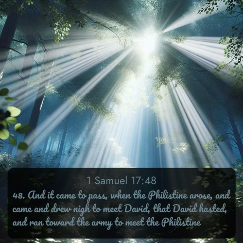 citation biblique : 48. And it came to pass, when the Philistine arose, and came and drew nigh to meet David, that David hasted, and ran toward the army to meet the Philistine.
 sur fond image nature