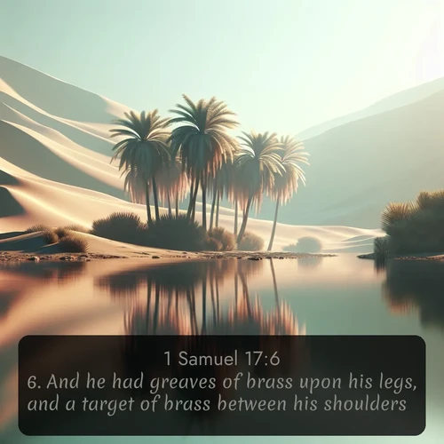 citation biblique : 6. And he had greaves of brass upon his legs, and a target of brass between his shoulders.
 sur fond image nature