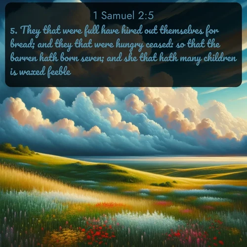 citation biblique : 5. They that were full have hired out themselves for bread; and they that were hungry ceased: so that the barren hath born seven; and she that hath many children is waxed feeble.
 sur fond image nature