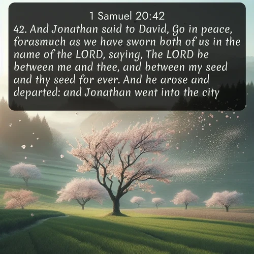 citation biblique : 42. And Jonathan said to David, Go in peace, forasmuch as we have sworn both of us in the name of the LORD, saying, The LORD be between me and thee, and between my seed and thy seed for ever. And he arose and departed: and Jonathan went into the city.
 sur fond image nature