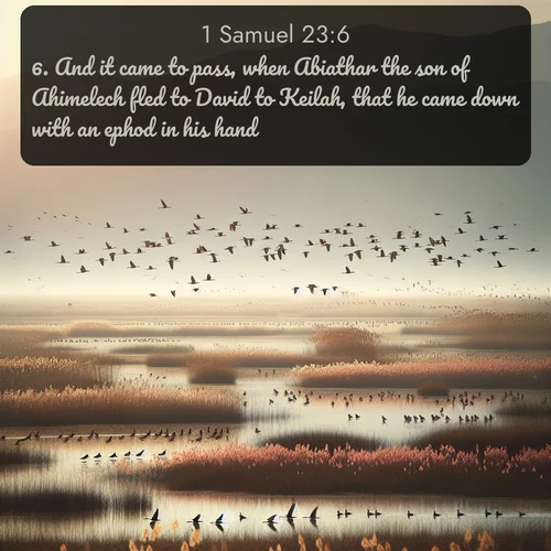 citation biblique : 6. And it came to pass, when Abiathar the son of Ahimelech fled to David to Keilah, that he came down with an ephod in his hand.
 sur fond image nature