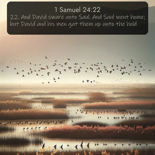 KJV 1 Samuel  ; image nature: image with the bible verse :And David sware unto Saul. And Saul went home; but David and his men gat them up unto the hold. ; Download inspiring Bible verse images featuring stunning natural vistas, from tropical islands to rolling hills. These free images make perfect wallpapers or gifts. Share verses like KJV 1 Samuel 24:22. Current verse is overlayed with the thematic nature scene : Spring migration fills marshlands with calling birds. ; 24:22