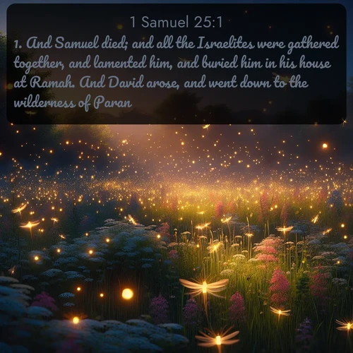 citation biblique : 1. And Samuel died; and all the Israelites were gathered together, and lamented him, and buried him in his house at Ramah. And David arose, and went down to the wilderness of Paran.
 sur fond image nature