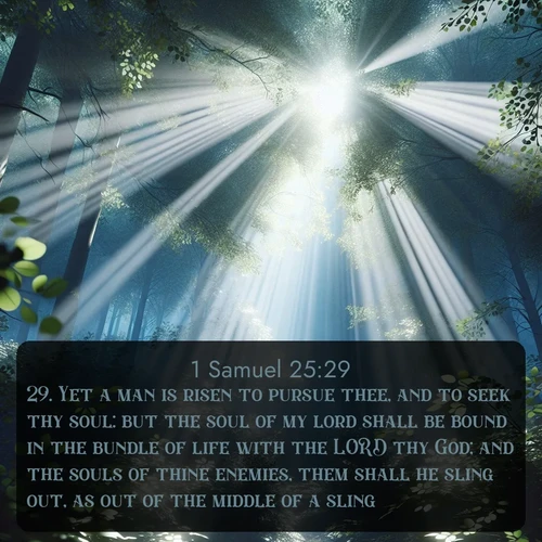 citation biblique : 29. Yet a man is risen to pursue thee, and to seek thy soul: but the soul of my lord shall be bound in the bundle of life with the LORD thy God; and the souls of thine enemies, them shall he sling out, as out of the middle of a sling.
 sur fond image nature