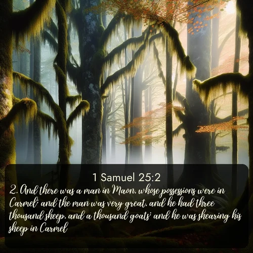 KJV 1 Samuel  ; image nature: image with the bible verse :And there was a man in Maon, whose possessions were in Carmel; and the man was very great, and he had three thousand sheep, and a thousand goats: and he was shearing his sheep in Carmel. ; Discover Bible verses beautifully integrated with natural scenes of varied seasons, featuring summer skies, winter snow, autumn leaves, and spring blooms. Each image captures the splendor and peace of God&#039;s creation. Share verses like KJV 1 Samuel 25:2. Current verse is overlayed with the thematic nature scene : Autumn fog shrouds an old-growth forest draped in moss and lichen. ; 25:2