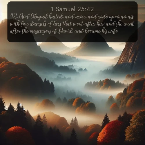 citation biblique : 42. And Abigail hasted, and arose, and rode upon an ass, with five damsels of hers that went after her; and she went after the messengers of David, and became his wife.
 sur fond image nature