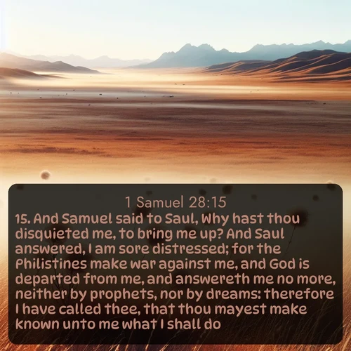 citation biblique : 15. And Samuel said to Saul, Why hast thou disquieted me, to bring me up? And Saul answered, I am sore distressed; for the Philistines make war against me, and God is departed from me, and answereth me no more, neither by prophets, nor by dreams: therefore I have called thee, that thou mayest make known unto me what I shall do.
 sur fond image nature