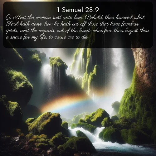 citation biblique : 9. And the woman said unto him, Behold, thou knowest what Saul hath done, how he hath cut off those that have familiar spirits, and the wizards, out of the land: wherefore then layest thou a snare for my life, to cause me to die?
 sur fond image nature