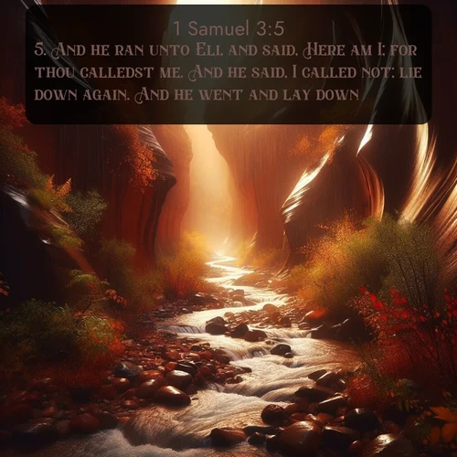 citation biblique : 5. And he ran unto Eli, and said, Here am I; for thou calledst me. And he said, I called not; lie down again. And he went and lay down.
 sur fond image nature