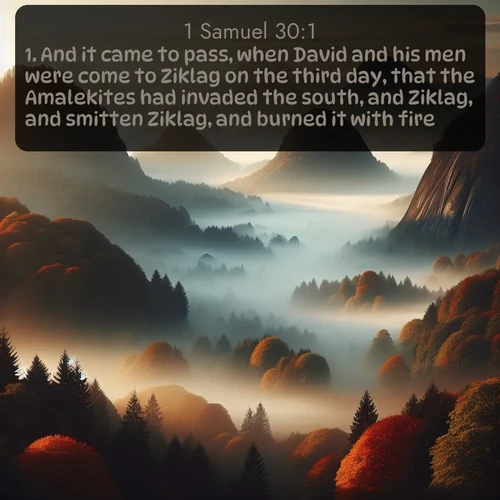 citation biblique : 1. And it came to pass, when David and his men were come to Ziklag on the third day, that the Amalekites had invaded the south, and Ziklag, and smitten Ziklag, and burned it with fire;
 sur fond image nature