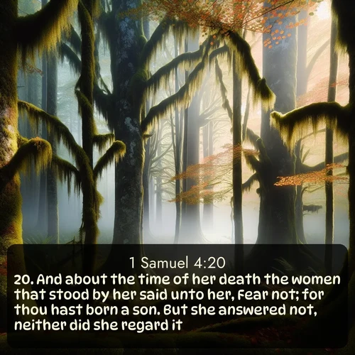 citation biblique : 20. And about the time of her death the women that stood by her said unto her, Fear not; for thou hast born a son. But she answered not, neither did she regard it.
 sur fond image nature