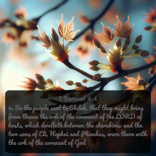 citation biblique : 4. So the people sent to Shiloh, that they might bring from thence the ark of the covenant of the LORD of hosts, which dwelleth between the cherubims: and the two sons of Eli, Hophni and Phinehas, were there with the ark of the covenant of God.
 sur fond image nature