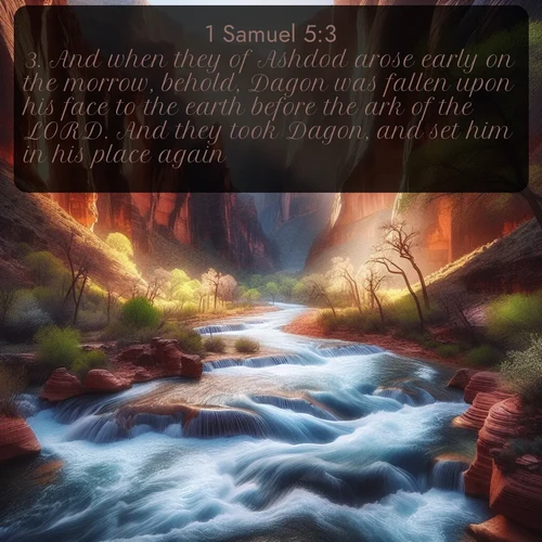 citation biblique : 3. And when they of Ashdod arose early on the morrow, behold, Dagon was fallen upon his face to the earth before the ark of the LORD. And they took Dagon, and set him in his place again.
 sur fond image nature