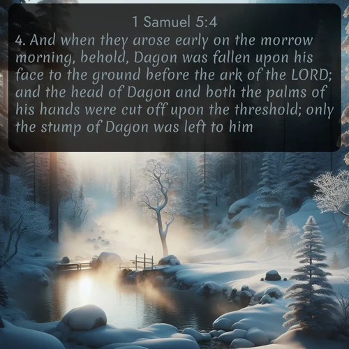citation biblique : 4. And when they arose early on the morrow morning, behold, Dagon was fallen upon his face to the ground before the ark of the LORD; and the head of Dagon and both the palms of his hands were cut off upon the threshold; only the stump of Dagon was left to him.
 sur fond image nature
