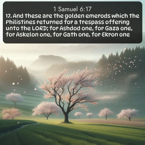 citation biblique : 17. And these are the golden emerods which the Philistines returned for a trespass offering unto the LORD; for Ashdod one, for Gaza one, for Askelon one, for Gath one, for Ekron one;
 sur fond image nature