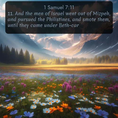 citation biblique : 11. And the men of Israel went out of Mizpeh, and pursued the Philistines, and smote them, until they came under Beth-car.
 sur fond image nature