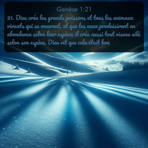 Segond Genèse  ; image nature: image avec le verset biblique :Dieu créa les grands poissons et tous les animaux vivants qui se meuvent, et que les eaux produisirent en abondance selon leur espèce; il créa aussi tout oiseau ailé selon son espèce. Dieu vit que cela était bon. ;  ; 1:21