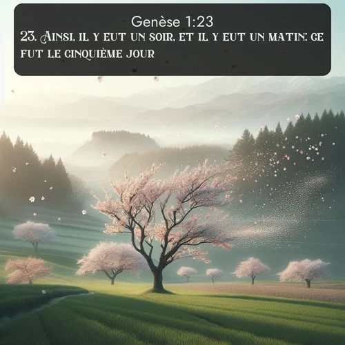Segond Genèse  ; image nature: image avec le verset biblique :Ainsi, il y eut un soir, et il y eut un matin: ce fut le cinquième jour. ;  ; 1:23