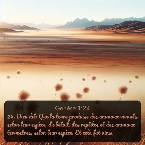 Segond Genèse  ; image nature: image avec le verset biblique :Dieu dit: Que la terre produise des animaux vivants selon leur espèce, du bétail, des reptiles et des animaux terrestres, selon leur espèce. Et cela fut ainsi. ;  ; 1:24