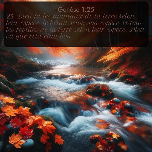Segond Genèse  ; image nature: image avec le verset biblique :Dieu fit les animaux de la terre selon leur espèce, le bétail selon son espèce, et tous les reptiles de la terre selon leur espèce. Dieu vit que cela était bon. ;  ; 1:25
