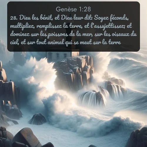 Segond Genèse  ; image nature: image avec le verset biblique :Dieu les bénit, et Dieu leur dit: Soyez féconds, multipliez, remplissez la terre, et l&#039;assujettissez; et dominez sur les poissons de la mer, sur les oiseaux du ciel, et sur tout animal qui se meut sur la terre. ;  ; 1:28