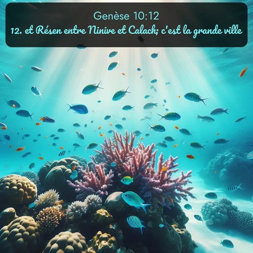 Segond Genèse  ; image nature: image avec le verset biblique :et Résen entre Ninive et Calach; c&#039;est la grande ville. ;  ; 10:12