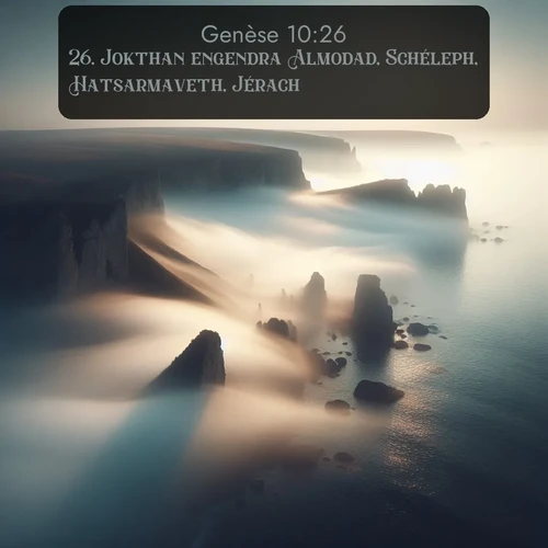 Segond Genèse  ; image nature: image avec le verset biblique :Jokthan engendra Almodad, Schéleph, Hatsarmaveth, Jérach, ;  ; 10:26