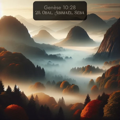 Segond Genèse  ; image nature: image avec le verset biblique :Obal, Abimaël, Séba, ;  ; 10:28