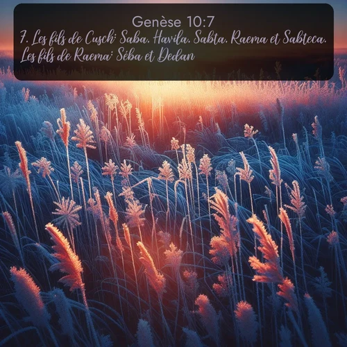 Segond Genèse  ; image nature: image avec le verset biblique :Les fils de Cusch: Saba, Havila, Sabta, Raema et Sabteca. Les fils de Raema: Séba et Dedan. ;  ; 10:7