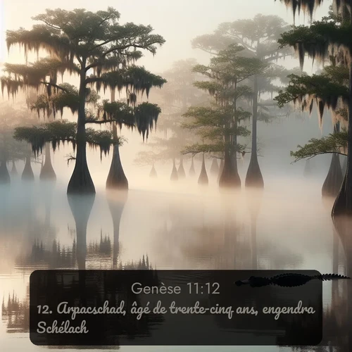 Segond Genèse  ; image nature: image avec le verset biblique :Arpacschad, âgé de trente-cinq ans, engendra Schélach. ;  ; 11:12