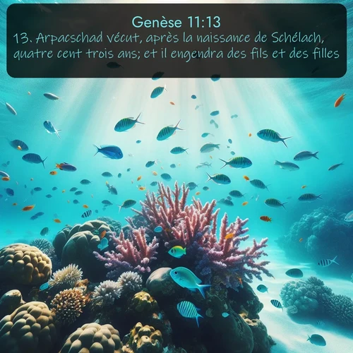 Segond Genèse  ; image nature: image avec le verset biblique :Arpacschad vécut, après la naissance de Schélach, quatre cent trois ans; et il engendra des fils et des filles. ;  ; 11:13