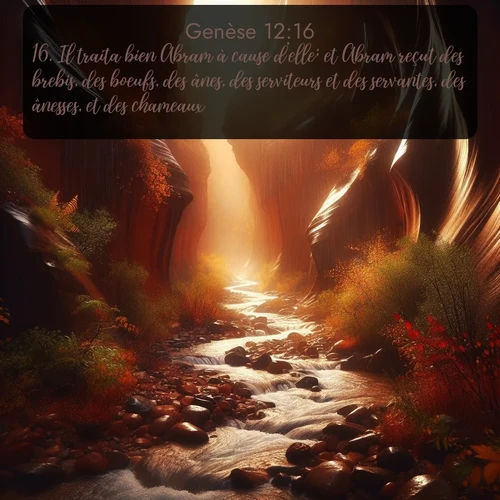 Segond Genèse  ; image nature: image avec le verset biblique :Il traita bien Abram à cause d&#039;elle; et Abram reçut des brebis, des boeufs, des ânes, des serviteurs et des servantes, des ânesses, et des chameaux. ;  ; 12:16