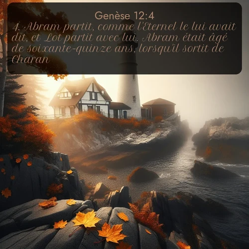 Segond Genèse  ; image nature: image avec le verset biblique :Abram partit, comme l&#039;Eternel le lui avait dit, et Lot partit avec lui. Abram était âgé de soixante-quinze ans, lorsqu&#039;il sortit de Charan. ;  ; 12:4