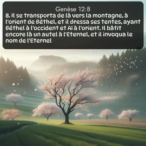 Segond Genèse  ; image nature: image avec le verset biblique :Il se transporta de là vers la montagne, à l&#039;orient de Béthel, et il dressa ses tentes, ayant Béthel à l&#039;occident et Aï à l&#039;orient. Il bâtit encore là un autel à l&#039;Eternel, et il invoqua le nom de l&#039;Eternel. ;  ; 12:8