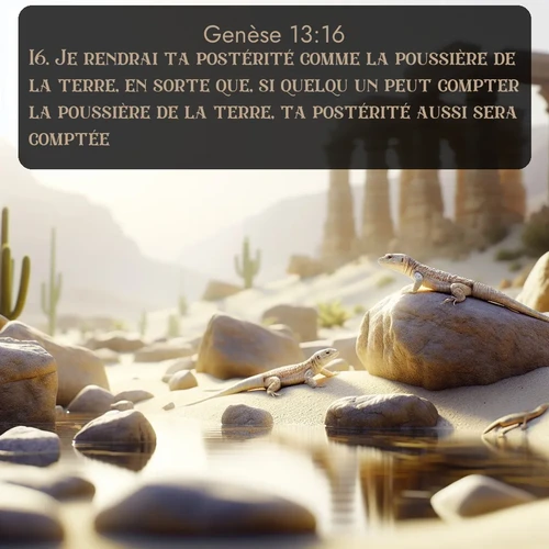 Segond Genèse  ; image nature: image avec le verset biblique :Je rendrai ta postérité comme la poussière de la terre, en sorte que, si quelqu&#039;un peut compter la poussière de la terre, ta postérité aussi sera comptée. ;  ; 13:16