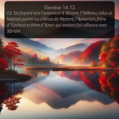 Segond Genèse  ; image nature: image avec le verset biblique :Un fuyard vint l&#039;annoncer à Abram, l&#039;Hébreu; celui-ci habitait parmi les chênes de Mamré, l&#039;Amoréen, frère d&#039;Eschcol et frère d&#039;Aner, qui avaient fait alliance avec Abram. ;  ; 14:13