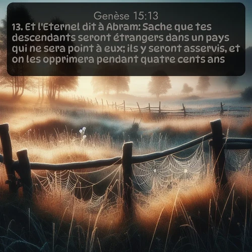 Segond Genèse  ; image nature: image avec le verset biblique :Et l&#039;Eternel dit à Abram: Sache que tes descendants seront étrangers dans un pays qui ne sera point à eux; ils y seront asservis, et on les opprimera pendant quatre cents ans. ;  ; 15:13
