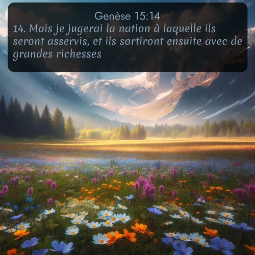 Segond Genèse  ; image nature: image avec le verset biblique :Mais je jugerai la nation à laquelle ils seront asservis, et ils sortiront ensuite avec de grandes richesses. ;  ; 15:14