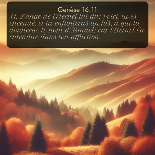 Segond Genèse  ; image nature: image avec le verset biblique :L&#039;ange de l&#039;Eternel lui dit: Voici, tu es enceinte, et tu enfanteras un fils, à qui tu donneras le nom d&#039;Ismaël; car l&#039;Eternel t&#039;a entendue dans ton affliction. ;  ; 16:11