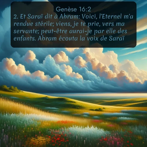 Segond Genèse  ; image nature: image avec le verset biblique :Et Saraï dit à Abram: Voici, l&#039;Eternel m&#039;a rendue stérile; viens, je te prie, vers ma servante; peut-être aurai-je par elle des enfants. Abram écouta la voix de Saraï. ;  ; 16:2