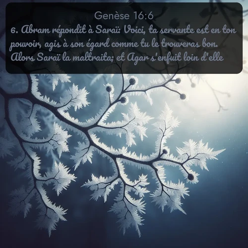 Segond Genèse  ; image nature: image avec le verset biblique :Abram répondit à Saraï: Voici, ta servante est en ton pouvoir, agis à son égard comme tu le trouveras bon. Alors Saraï la maltraita; et Agar s&#039;enfuit loin d&#039;elle. ;  ; 16:6
