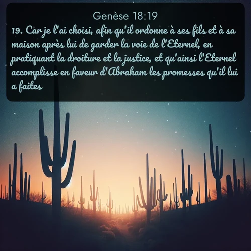Segond Genèse  ; image nature: image avec le verset biblique :Car je l&#039;ai choisi, afin qu&#039;il ordonne à ses fils et à sa maison après lui de garder la voie de l&#039;Eternel, en pratiquant la droiture et la justice, et qu&#039;ainsi l&#039;Eternel accomplisse en faveur d&#039;Abraham les promesses qu&#039;il lui a faites... ;  ; 18:19