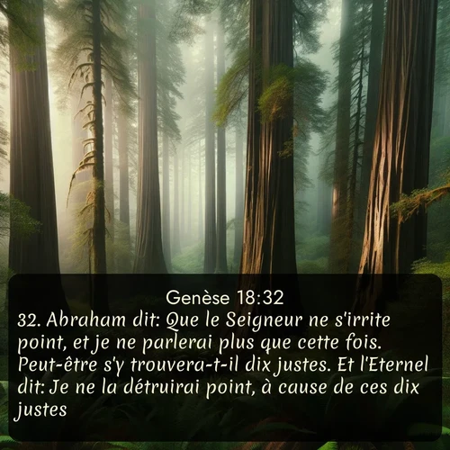 Segond Genèse  ; image nature: image avec le verset biblique :Abraham dit: Que le Seigneur ne s&#039;irrite point, et je ne parlerai plus que cette fois. Peut-être s&#039;y trouvera-t-il dix justes. Et l&#039;Eternel dit: Je ne la détruirai point, à cause de ces dix justes. ;  ; 18:32