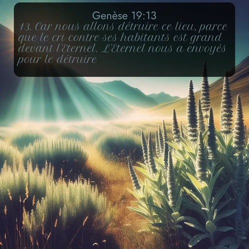 Segond Genèse  ; image nature: image avec le verset biblique :Car nous allons détruire ce lieu, parce que le cri contre ses habitants est grand devant l&#039;Eternel. L&#039;Eternel nous a envoyés pour le détruire. ;  ; 19:13