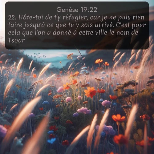 Segond Genèse  ; image nature: image avec le verset biblique :Hâte-toi de t&#039;y réfugier, car je ne puis rien faire jusqu&#039;à ce que tu y sois arrivé. C&#039;est pour cela que l&#039;on a donné à cette ville le nom de Tsoar. ;  ; 19:22