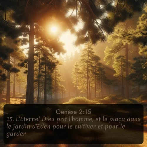 Segond Genèse  ; image nature: image avec le verset biblique :L&#039;Eternel Dieu prit l&#039;homme, et le plaça dans le jardin d&#039;Eden pour le cultiver et pour le garder. ;  ; 2:15