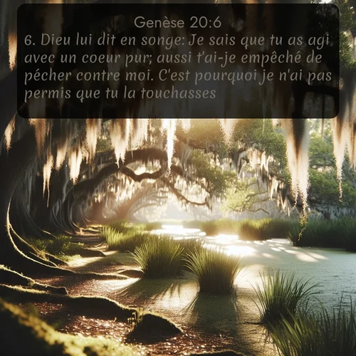Segond Genèse  ; image nature: image avec le verset biblique :Dieu lui dit en songe: Je sais que tu as agi avec un coeur pur; aussi t&#039;ai-je empêché de pécher contre moi. C&#039;est pourquoi je n&#039;ai pas permis que tu la touchasses. ;  ; 20:6