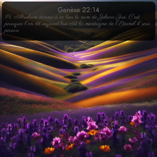 Segond Genèse  ; image nature: image avec le verset biblique :Abraham donna à ce lieu le nom de Jehova-Jiré. C&#039;est pourquoi l&#039;on dit aujourd&#039;hui: A la montagne de l&#039;Eternel il sera pourvu. ;  ; 22:14