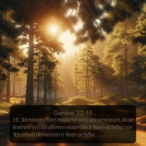 Segond Genèse  ; image nature: image avec le verset biblique :Abraham étant retourné vers ses serviteurs, ils se levèrent et s&#039;en allèrent ensemble à Beer-Schéba; car Abraham demeurait à Beer-Schéba. ;  ; 22:19